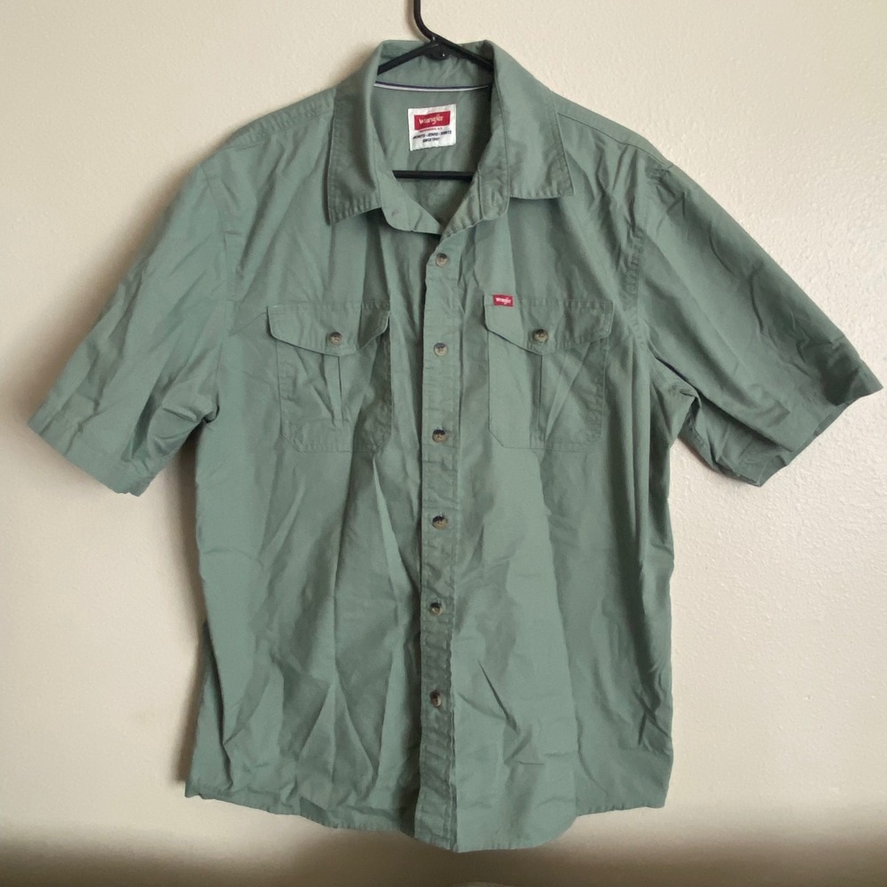 Wrangler Mens Large Sage Green Short Sleeve Button Down Utility Work Shirt